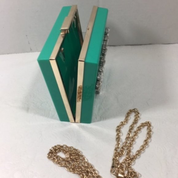 Fashionable Rhinestone Hardcase Box Turquoise Glam Clutch Crossbody 5x6 - Picture 2 of 13